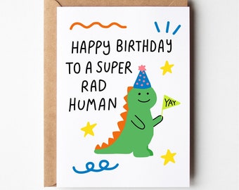 Dinosaur card, rad human, happy birthday, funny kids card, fifth birthday, dinosaur birthday card, kid birthday, greeting card