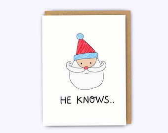 Funny santa card, he knows, creepy santa card, christmas card pack, funny cards, christmas card husband, christmas cards funny, cards