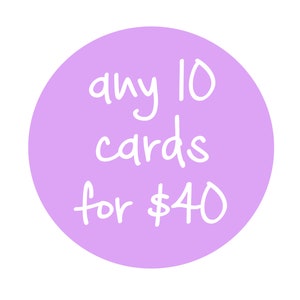 Puede incluir: C&iacute;rculo morado con texto blanco que dice "any 10 cards for $40".