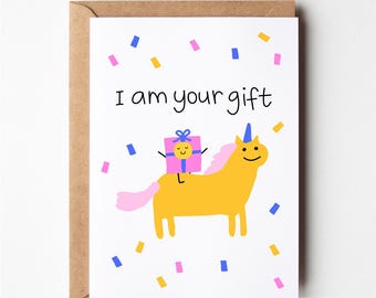 I am your gift, Funny holiday card, Birthday card, Christmas card, funny cards, christmas card husband, christmas cards funny, cards