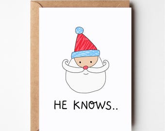 Funny santa card, he knows, creepy santa card, christmas card pack, funny cards, christmas card husband, christmas cards funny, cards