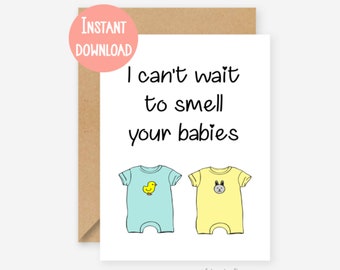 Printable card, baby smell, twin card, funny new baby card, funny baby card, twin babies congratulations card, twin congrats card, baby card