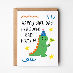Dinosaur card, rad human, happy birthday, funny kids card, fifth birthday, dinosaur birthday card, kid birthday, greeting card