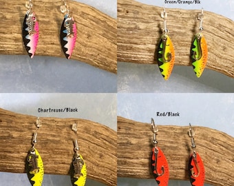 925 Sterling Silver Yellow Brown and White Dot Rooster Tail Fishing Lure  Earrings 