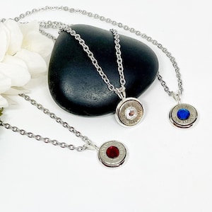 Womens Bullet Ammo 9 mm Necklace With Birthstone Crystal , Gift For Her , Necklaces
