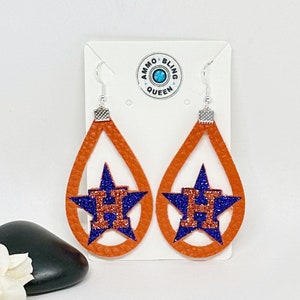 Houston Texas Star Orange Faux Leather Glitter Silhouette Earrings , Baseball Jewelry , Blue Star , Blue Glitter
