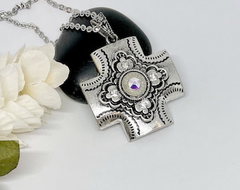 Silver Cross Bullet Necklace With Genuine Crystal / Ammo Jewelry / Bullet Jewelry , 40 cal