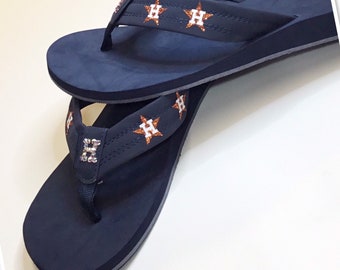 Houston Orange Glitter Star Crystal Flip Flops , Baseball Jewelry , Thong Sandals , Baseball Flipflops