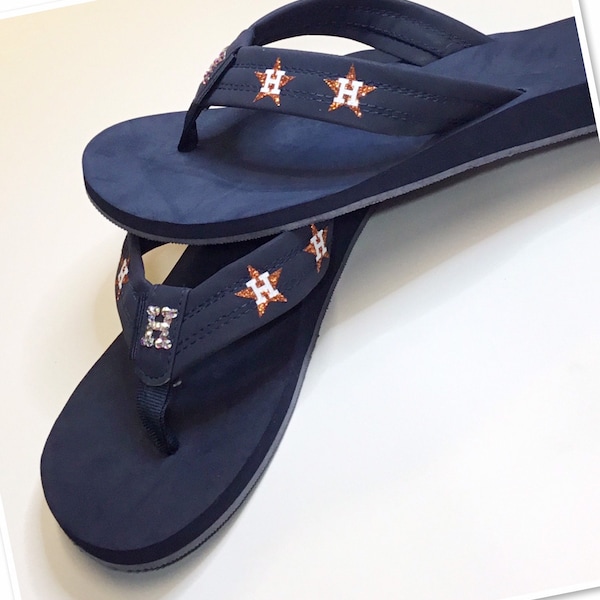 Houston Orange Glitter Star Crystal Flip Flops , Baseball Jewelry , Thong Sandals , Baseball Flipflops