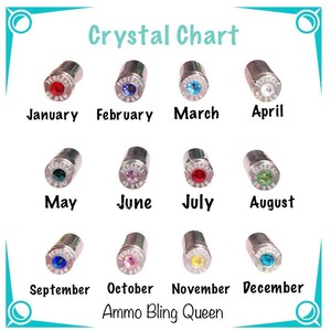 May include: A chart showing 12 bullet casings with different colored crystals inside, representing each month of the year. The text "Crystal Chart" is at the top of the image. The text "Ammo Bling Queen" is at the bottom of the image.