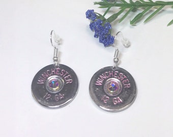 12 Gauge Shotgun Shell Earrings With Crystals , Cancer Awareness , Womens Gifts