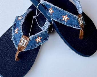 Houston Baseball Blue Jean Fringe Flip Flops Orange Glitter Star With Crystals