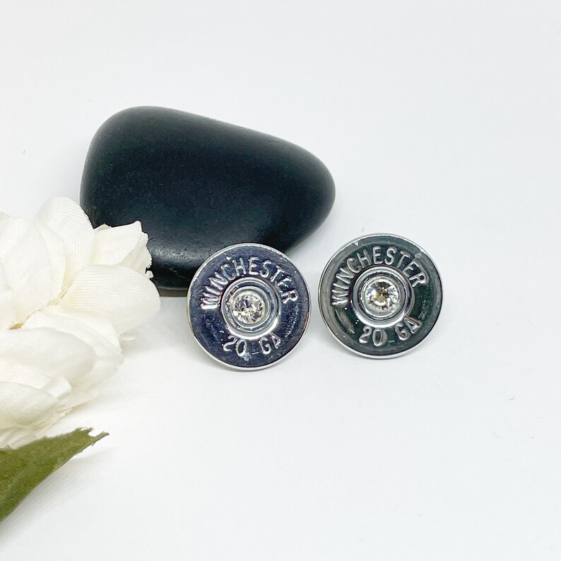 Shotgun Shell 20 Gauge Stud Earrings , Womens Jewelry Gifts , Crystal Birthstone Jewelry W-Nickel