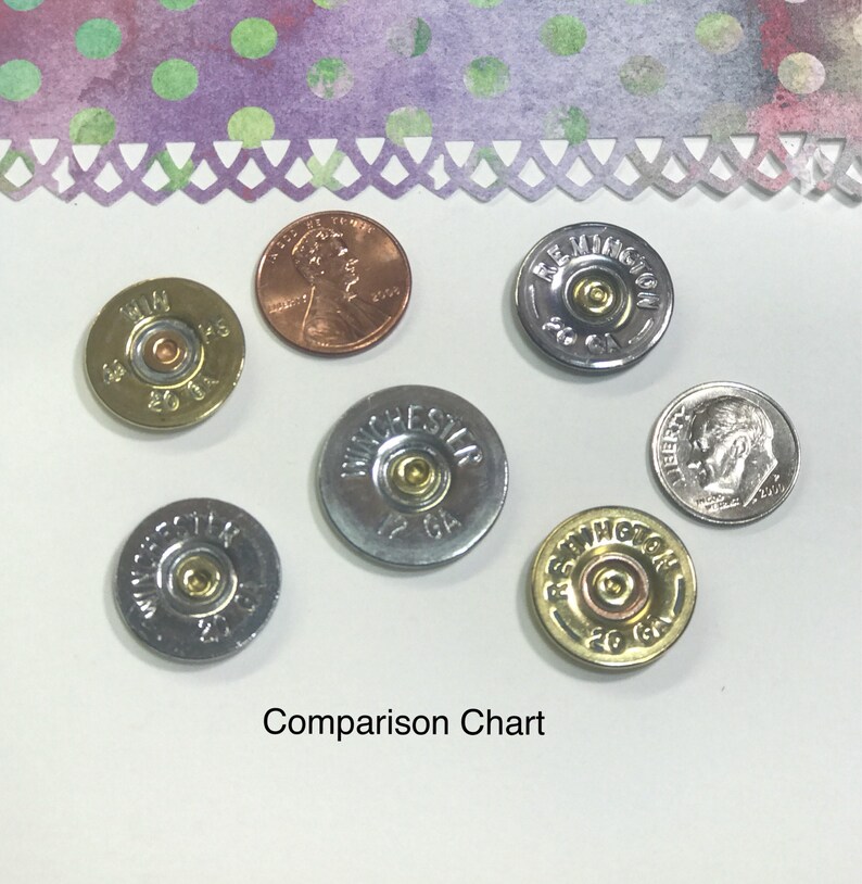May include: Comparison chart of different shotgun shells and a US penny. The shells are silver, gold, and copper colored. The penny is copper colored. The shells are labeled with the brand name and gauge. The penny is labeled with the year 1999.