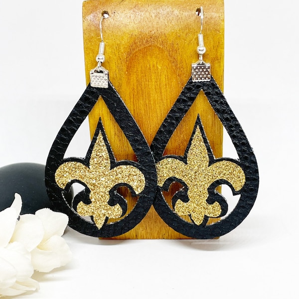 New Orleans Fleur de lis Faux Leather Silhouette Football Earrings , Genuine Crystals , Football Jewelry , Women’s Jewelry , Gold Earrings