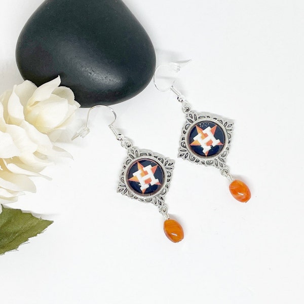 Womens Baseball Houston Orange Texas Star Triangle Earrings With Orange Beads , Baseball Jewelry , Texas Shop