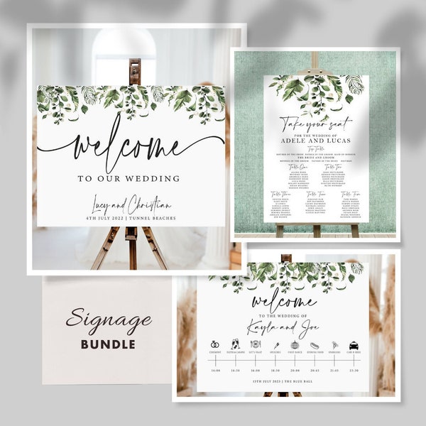 Wedding Sign Bundle for any shop design- table plan, order of the day, welcome sign, seating plan-printed board, A1 A2 eucalyptus