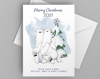 Personalised Christmas Card Pack. New baby for 2021. Polar Bear Design. Family Christmas Cards. Handmade Christmas Cards. Family Name Cards