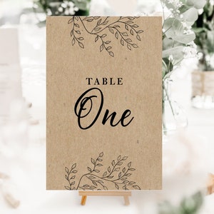 PRINTED Wedding Table Number cards -Kraft card, brown, classic, simple, rustic, country barn wedding - Table names/Table Numbers script font
