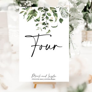 Wedding Table Number cards -Eucalyptus foliage falling -Ivory, white - green leaf and white - Table names/Table Numbers script