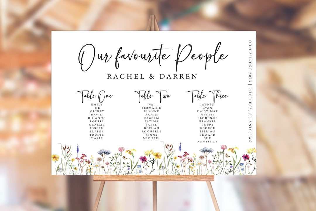 Printed Personalised Table Plan Poster or Foamex Board. Wildflower