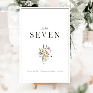 Printed Wedding Table Number cards -wildflower meadow bouquet colourful -Ivory, white, forest green- - Table names/Table Numbers script