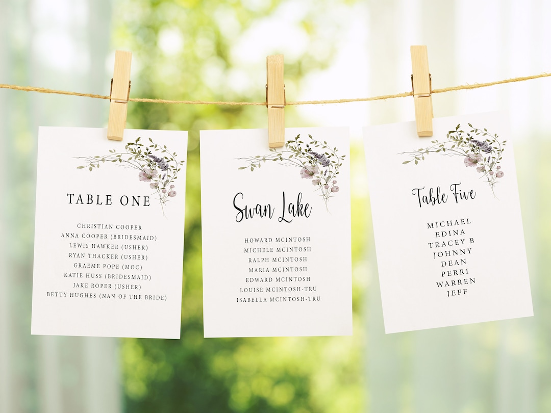 PRINTED Wedding Table Plan Cards mauve Pink Wildflower Corner Foliage ...