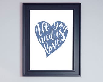 Todo lo que necesitas es amor, Beatles imprimible, letras de los Beatles, decoración de los Beatles, cartel de los Beatles, John Lennon, decoración del dormitorio, regalo del músico