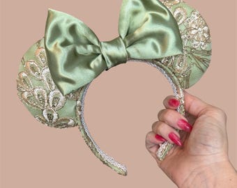 Tiana Inspired Minnie Mouse Ears, Green Floral Satin Bow  display picture 2