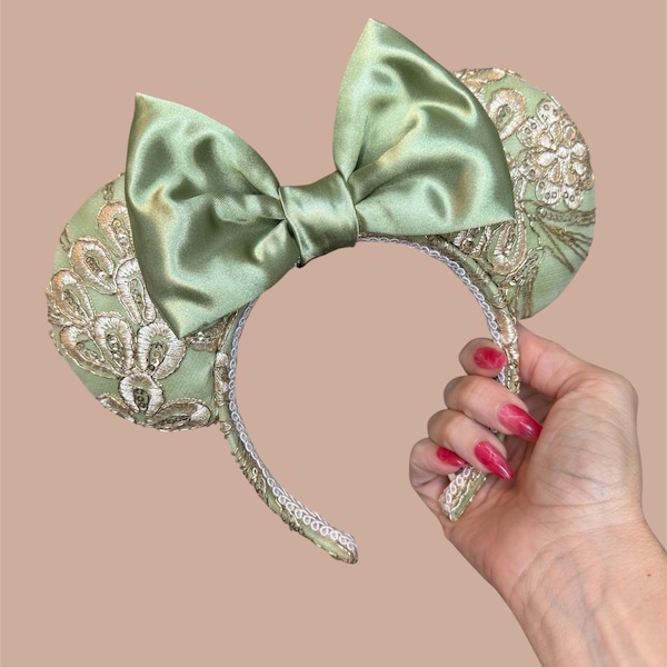 Tiana Inspired Minnie Mouse Ears, Green Floral Satin Bow Headband
