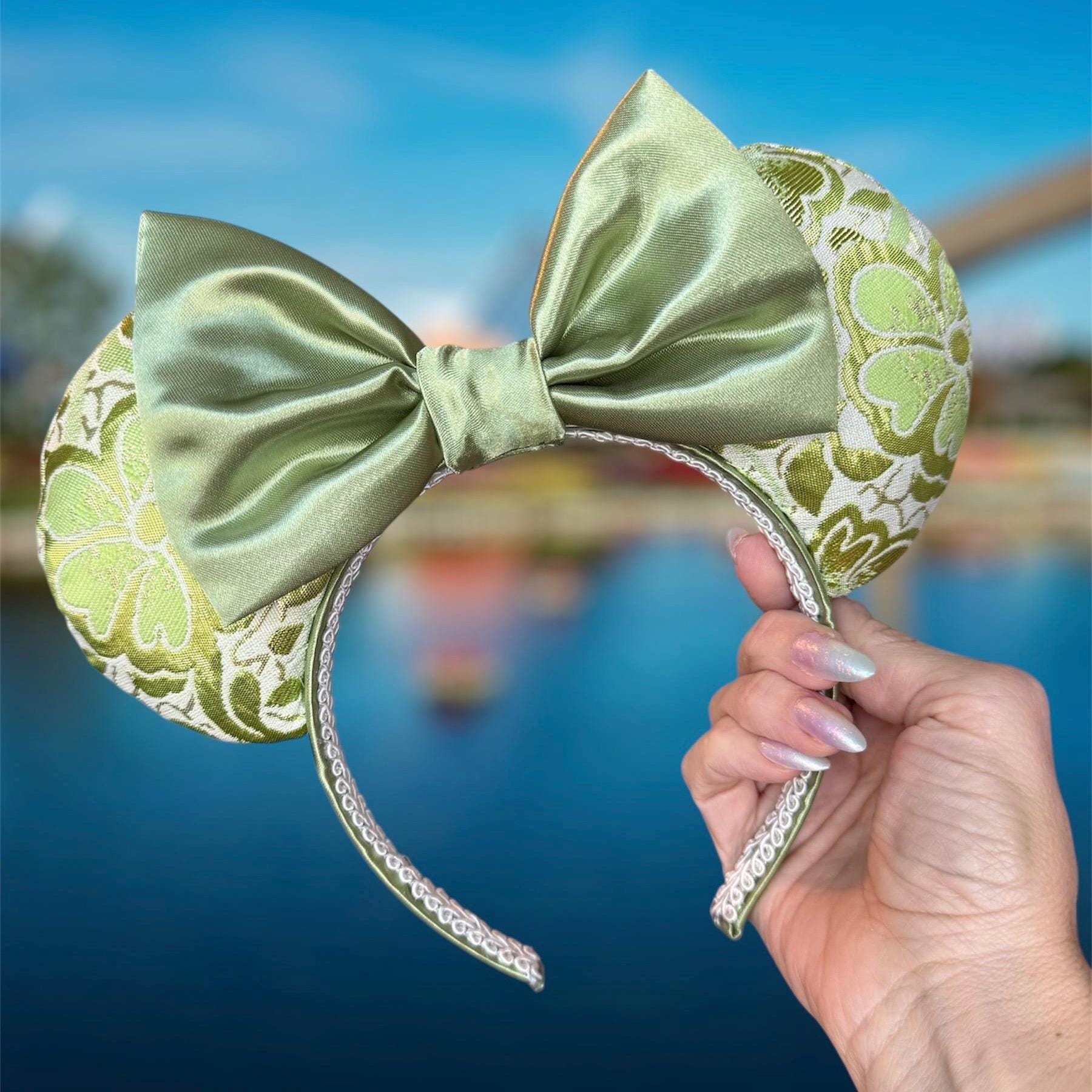Tiana Inspired Minnie Mouse Ears, Green Floral Satin Bow 