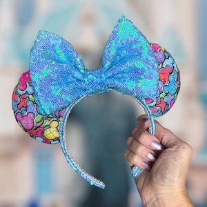 70th Anniversary Minnie Ears: Blue Iridescent Sequin Disneyland Headband