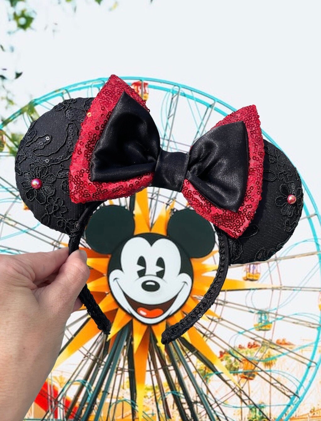 Black Floral Embroidered Fancy Couture Mickey Ears Headband  display picture 1