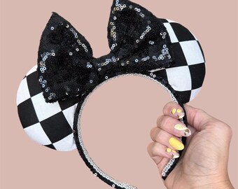 Checkered Minnie Ears, Black and White Radiator Springs Racers Headband