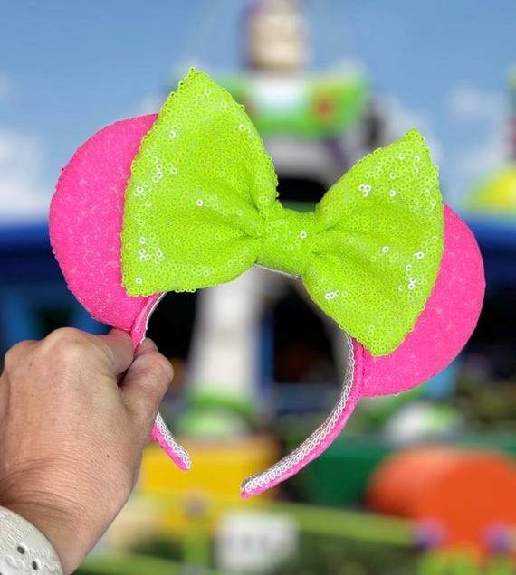 80’s Neon Inspired Minnie Ear Headband with Bows & Sequins Neon Minnie Ears - Etsy main image 2