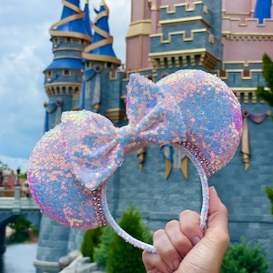 Cotton Candy Iridescent Sequin Ears, White, Pink, Blue Sparkle Minnie Ears