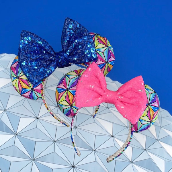 Colorful  Neon Space Ball Mouse  Ears, Epcot Ears, Spaceship Earth Ears, Rainbow Mickey Ears, Pink Minnie Ears, Retro, Sequin, Sparkly