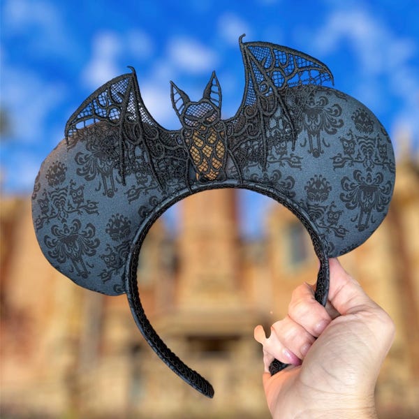 Bat Haunted Mansion Minnie Ears, Goth Mansion Wallpaper Mickey Ear Headband