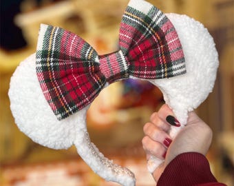 Serre-tête oreilles de Minnie à carreaux sherpa, motif Noël, style Jollywood Nights Disney, couleur ivoire.