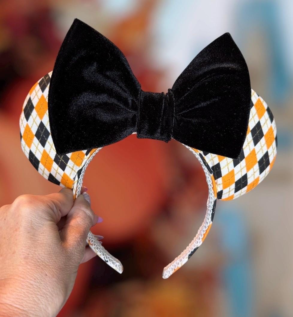 Halloween Orange Black and White  Plaid Minnie Ears: Fall Minnie Ear Headband
