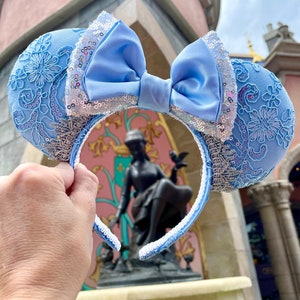 Midnight Princess Couture Ears, Cinderella inspired ears, Blue Ears, Lace Ears, Floral Ears, Women’s Mickey Ears, Silver Ears, Minnie Ears