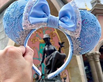 Midnight Princess Couture Ears, Cinderella inspired ears, Blue Ears, Lace Ears, Floral Ears, Women’s Mickey Ears, Silver Ears, Minnie Ears