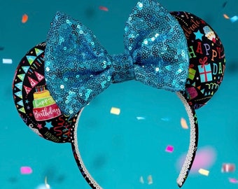 Happy Birthday Mickey Ears, Birthday Girl Minnie Ears, Celebrate, Celebration, Mouse Ears, Sequin Ears, Party Ears, Black Ears, Cake Ears
