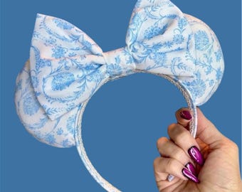 Light Blue Floral Mouse Ears Headband, Vintage Fabric Bow  display picture 2