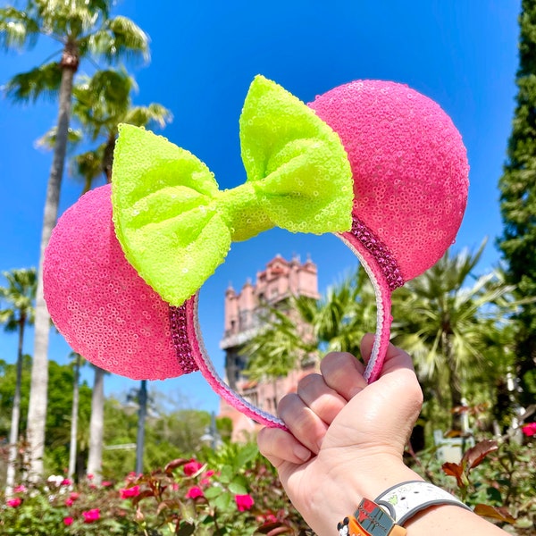 Electric Pink and Yellow/Green Mickey Ears, Neon Minnie Ears, Sequin Mickey Ears, Princess Ears, Lilly Ears, Women's Mickey Ears, Retro Ears