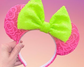 Electric Pink Lace Mickey Ears, Hot Pink Minnie Ears,Lime Green Ears, Princess Ears, Flower and Garden Ears, Floral Ears, Neon Ears