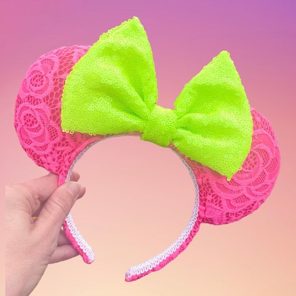 Electric Pink Lace Mickey Ears, Hot Pink Minnie Ears,Lime Green Ears, Princess Ears, Flower and Garden Ears, Floral Ears, Neon Ears