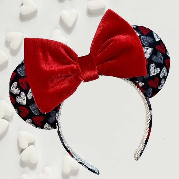 Sweetheart Mickey Ears, Valentines Day Minnie Ears, Heart Ears, Red Velvet Ears, Black Ears, Anniversary Ears, Love Ears, Womens Mickey Ears
