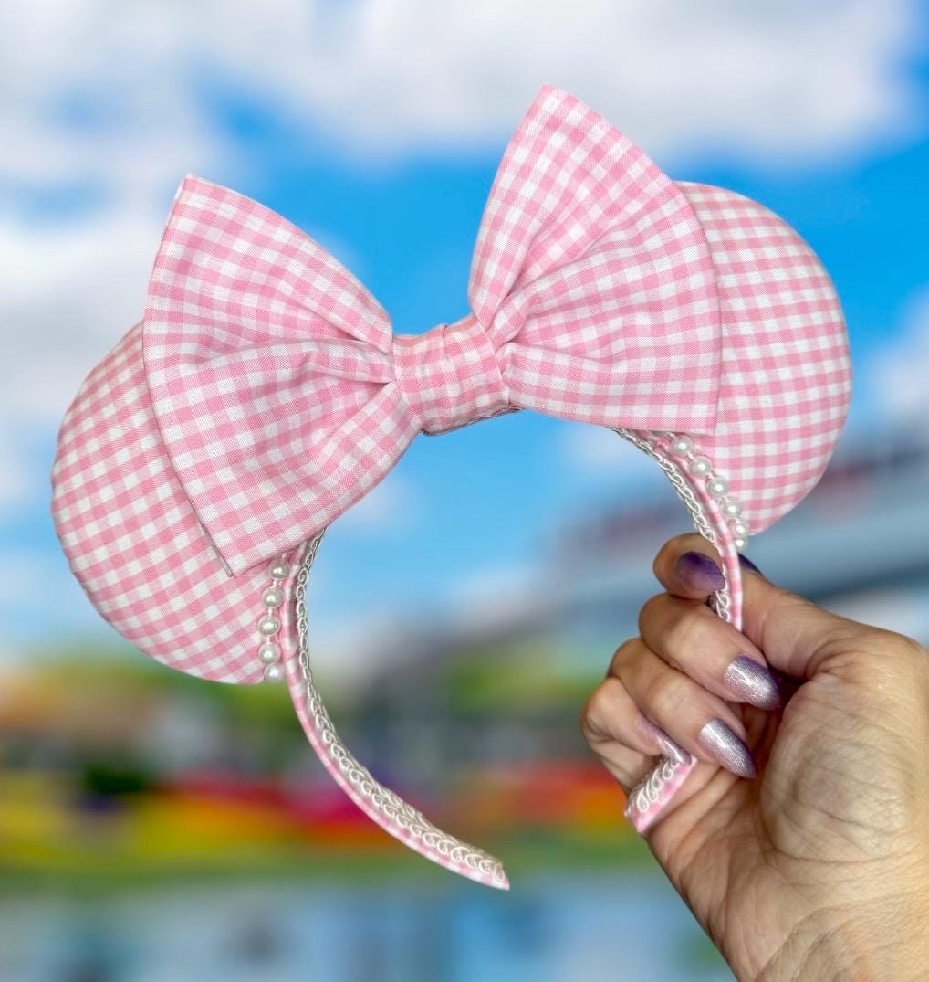 Pink Gingham Minnie Ears Headband With Bow and Pearls - Etsy display picture 2