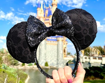 Black Lace Mickey Ears, Black Minnie Ears, Flower Mickey Ears, Sequin Ears, Halloween Ears, Women’s Mickey Ears, Floral Minnie Ears, Gift